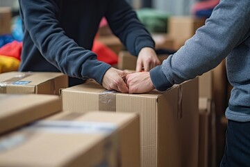 Two people packing belongings into cardboard boxes as part of the process of relocating to a new apartment, Generative AI