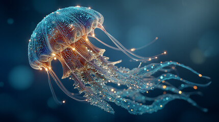 Jellyfish, teal and blue lighting, Glow, close up, light from silhouette, black background