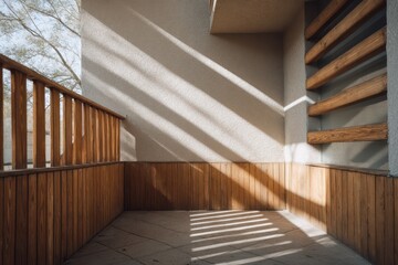 Split-level duplex fronted by slatted wooden fencing top-down directional light creating patterned shadows earthy muted palette sharp corner