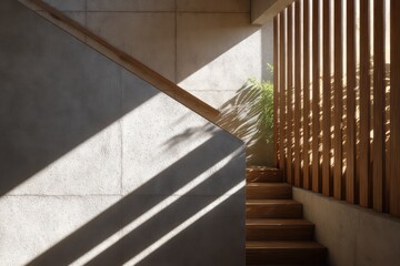 Split-level duplex fronted by slatted wooden fencing top-down directional light creating patterned shadows earthy muted palette sharp corner