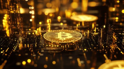 Golden Bitcoin on digital circuit board, glowing, futuristic.