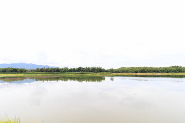 Panoramic view, forest and mountain view, middle, water and sky, reflection in water
