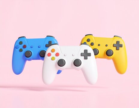 Cute colorful 3 joystick gamepad, game console on pink background. Computer gaming.