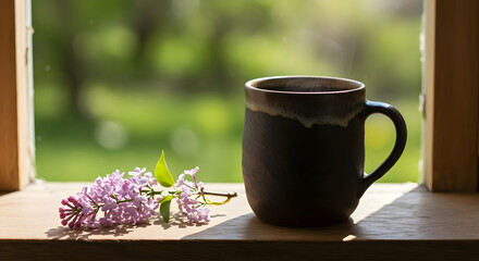 Black Ceramic Mug with Lilac Flowers on Wooden Window Sill in Natural Light