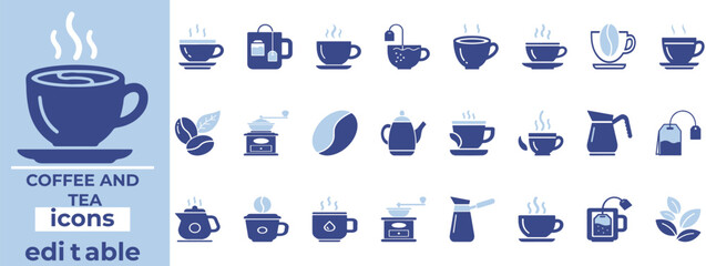 Stylish, editable coffee and tea icons for caf&eacute;s, menus, packaging, mobile apps, and food branding&mdash;clean and modern design.