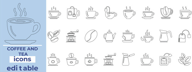 Stylish, editable coffee and tea icons for cafés, menus, packaging, mobile apps, and food branding—clean and modern design.