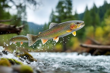 Rainbow trout leaping in a mountain stream