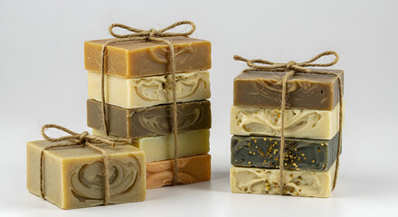 Assorted Handmade Soap Bars with Natural Colors and Textures in Rustic Style for Skincare and Wellness