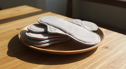 Stack of Cloth Menstrual Pads on Wooden Plate in Natural Light