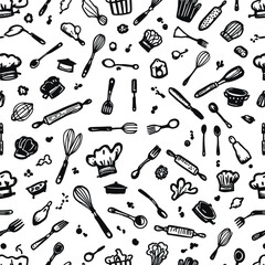 Playful Seamless Pattern of Hand-Drawn Kitchen Utensils Featuring Chef Hats, Whisks, and Rolling Pins in Black Outline Style