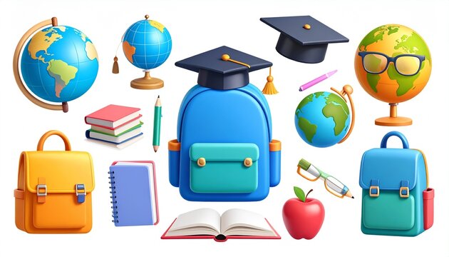 Set of 3D School and education icons 3d render vector set. School bag, globe, open bo 