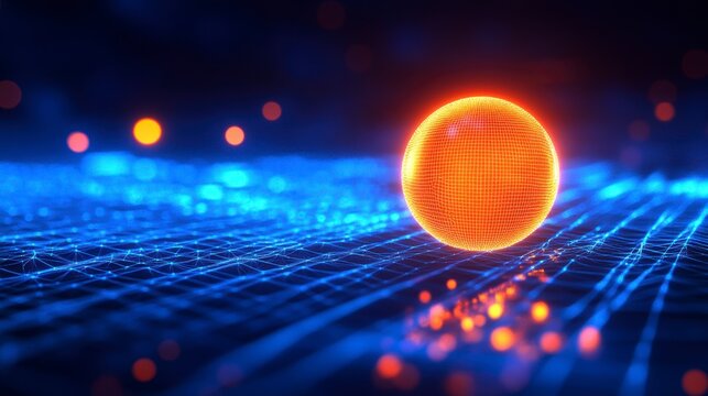 Glowing orange sphere on a blue digital network grid.