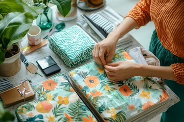 Person preparing clothes and accessories for a summer vacation trip, organizing luggage with care, Generative AI