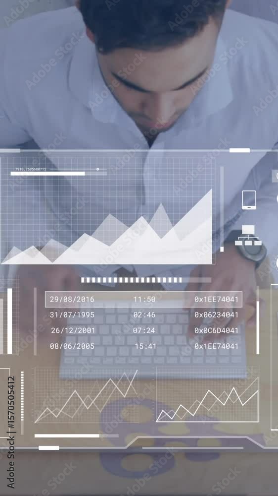 Poster animation of data processing over asian businessman in office using computer
