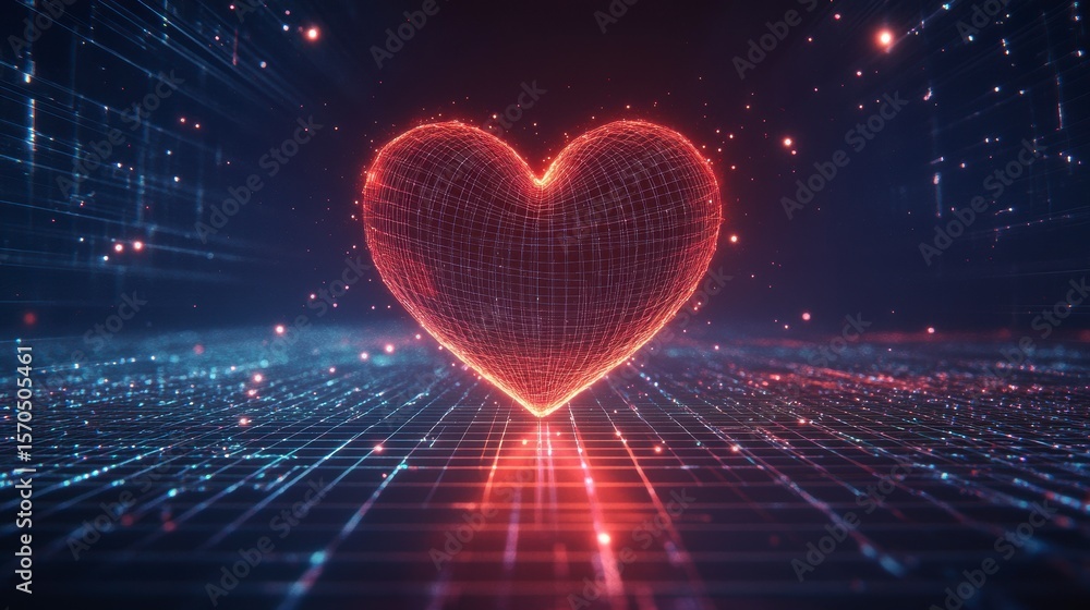 Poster glowing digital heart on grid network.
