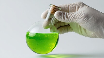 Close-up of human hand gripping round-bottom flask with green fluorescent liquid inside, clean white background, minimal shadow, plenty of copy space