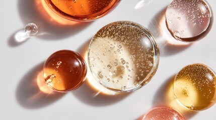 Collection of clear liquid cosmetic drops, varying viscosity and natural glow, floating on bright white background with elegant minimal aesthetic