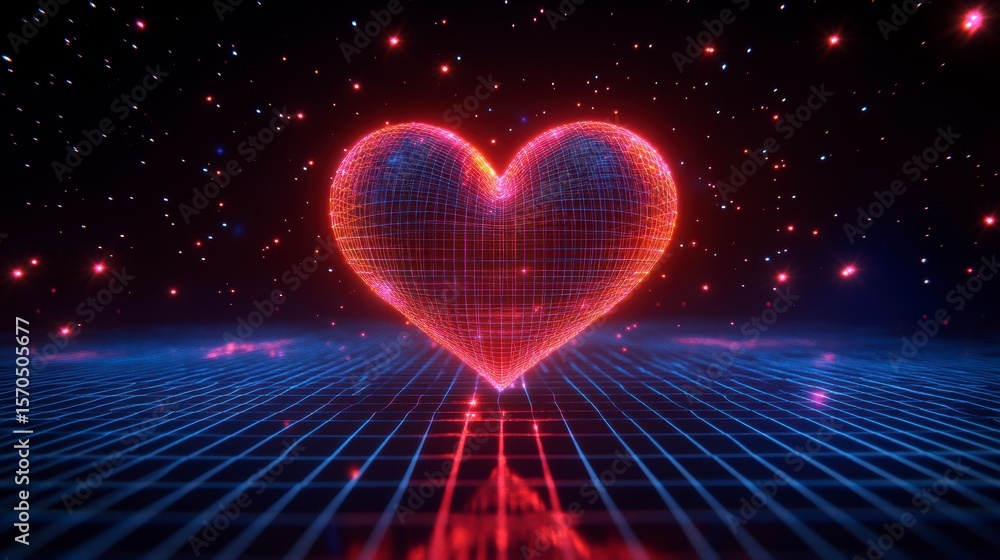 Poster Glowing red heart-shaped digital object on a grid, with sparkling particles.