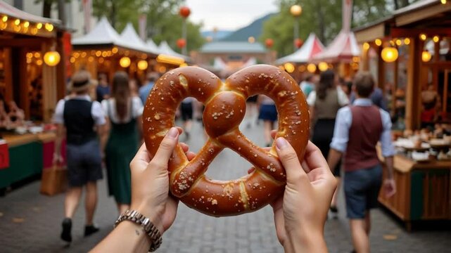 A woman enjoys a giant German pretzel at Oktoberfest amidst the vibrant festival atmosphere in this high-resolution 4k footage showcasing Bavarian culture.