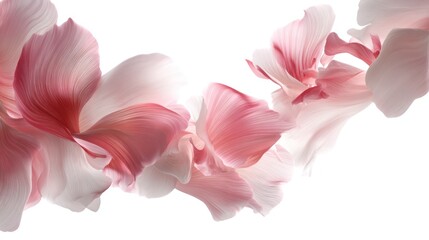 A graceful swirl of pink petals flying across the frame, semi-transparent textures and soft edges, isolated on seamless white background, elegant and light atmosphere