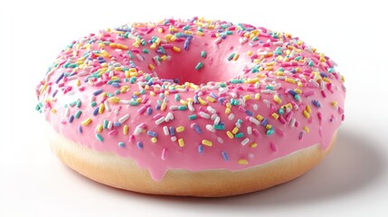 Fresh pink donut with rainbow sprinkles, lying flat with icing detail visible, isolated on white background, crisp lighting, suitable for sweets packaging or cafe menus