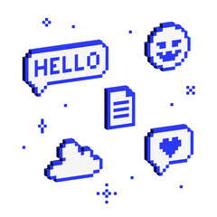 Set of 3d pixel blue signs. Isometric 8 bit elements. Cyber symbols in y2k futuristic design. Volumetric geometric shapes. Brutalist style. Voxel retro signs. Cloud, speech bubble, emoji, document