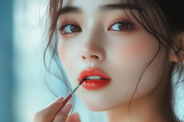 Asian woman applying lipstick during her makeup routine, enhancing her features with precision, Generative AI