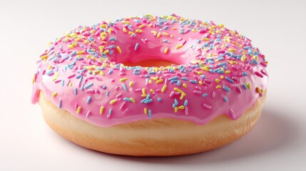 Bright pink frosted donut topped with colorful sprinkles, centered on a clean white background, soft shadows and high-resolution detail, perfect for dessert advertising