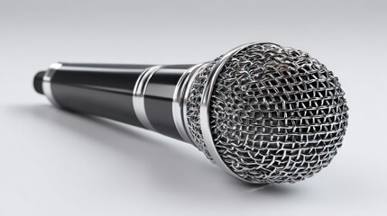 Classic dynamic microphone angled slightly to the left, isolated on a clean white background, professional studio lighting, high detail with metallic texture and soft shadows