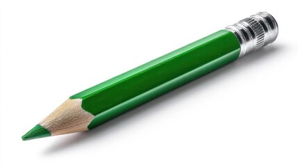 Green pencil with metallic silver eraser, isolated on clean white background, realistic shadow, high-resolution product photo, sharp focus, professional lighting setup