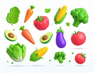 Set of 3D Vegetables and fruits 3d vector cartoon icon set. Pepper, corn, avocado, 