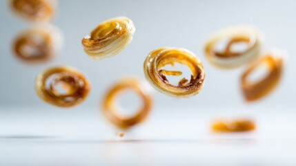 Layered onion rings in mid-fall, captured with shallow depth of field, some in focus and others blurred for depth, floating above a clean white surface