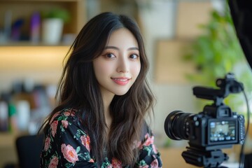 Asian female beauty social media influencer livestreaming a makeup tutorial via smartphone, engaging with her audience, Generative AI