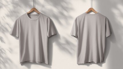 Minimalist grey unisex T-shirt mockup, both front and back shown with natural drape and stitching detail, soft shadows, clean isolation on white background