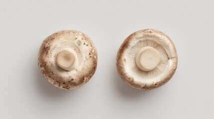 Minimalist top-down view of one whole and one halved button mushroom, clean white background, soft studio lighting, detailed organic texture, culinary concept