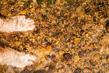 Bare feet touch clear water over shimmering pebbles, reflecting sunlight gently