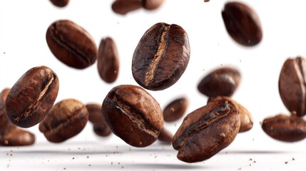 Slow motion concept of coffee beans falling and scattering, sharp details on surface with subtle shadow effects, realistic lighting, isolated on white background