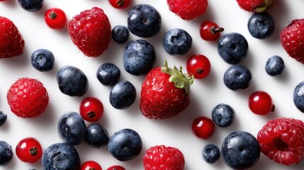 Top-down view of mixed fresh berries scattered naturally, isolated on seamless white backdrop, vibrant red and blue hues, perfect for health food promotions