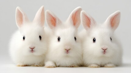 Trio of small white rabbits arranged in a row, symmetrical composition, fluffy and bright-eyed, isolated on bright white backdrop, perfect for pet or spring-themed content
