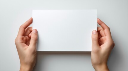 Top view of two hands holding a white paper horizontally, fingers slightly curled around the edges, blank surface for design, fully isolated on white background