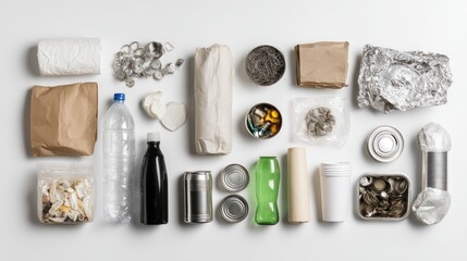 Flat lay of various trash materials categorized into plastic, metal, paper, and organic, neatly displayed with empty space on side, isolated on white background for recycling campaigns