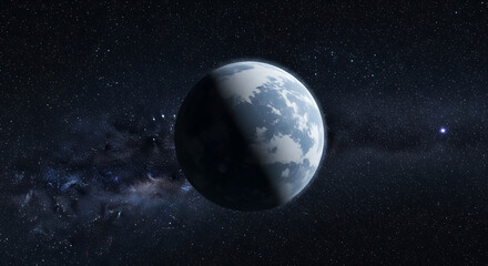 A stunning exoplanet with possible ice clouds in a starfield, Ice planet with illuminated stars in a beautiful space scene
