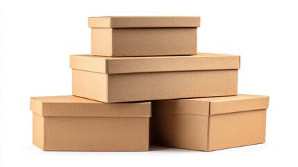 Four closed cardboard boxes stacked neatly in two layers, ready for moving, top-down perspective with large copy space, isolated on clean white background