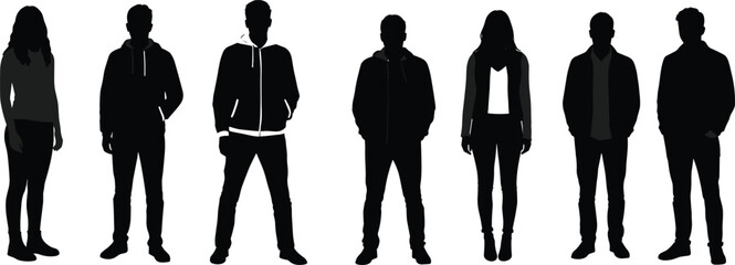 Silhouettes of young adults standing, male and female group in casual outfit, urban modern fashion style, isolated on white background