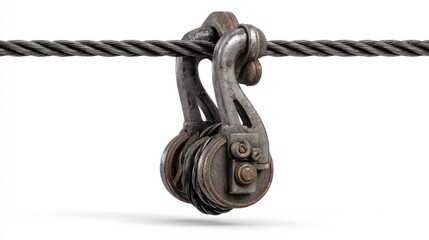 Heavy-duty metal crane hook hanging from thick steel cable, realistic texture and shadows, detailed pulley mechanism, isolated on clean white background with copy space
