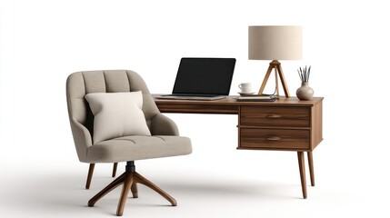 Home office setup with laptop, mid-century modern desk lamp, cushioned swivel chair, and neutral-tone furniture, fully isolated on white background for lifestyle or remote work content