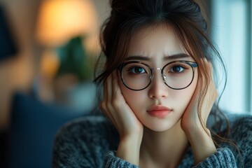 Young adult Asian woman experiencing tired eyes after overworking and excessive screen time, Generative AI