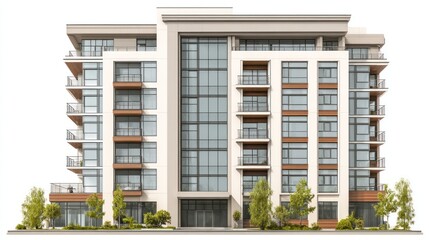 Modern apartment building with clean lines, large glass windows and neutral-colored facade, multiple balconies, front view isolated on white background, perfect for real estate ads