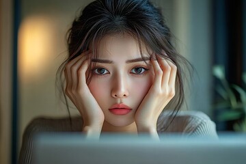 Young adult Asian woman experiencing tired eyes after overworking and excessive screen time, Generative AI