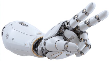 Side view of white robotic hand making a peace sign, smooth futuristic surface and articulated fingers, isolated on white background, perfect for innovation or digital ethics visuals